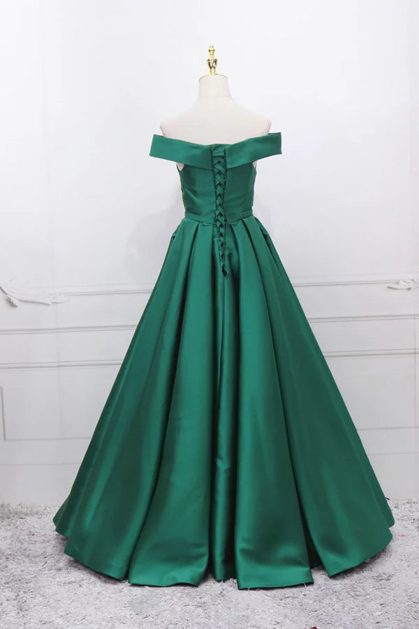 Green Satin Long A-Line Prom Dress V-Neck Off the Shoulder Evening Dress