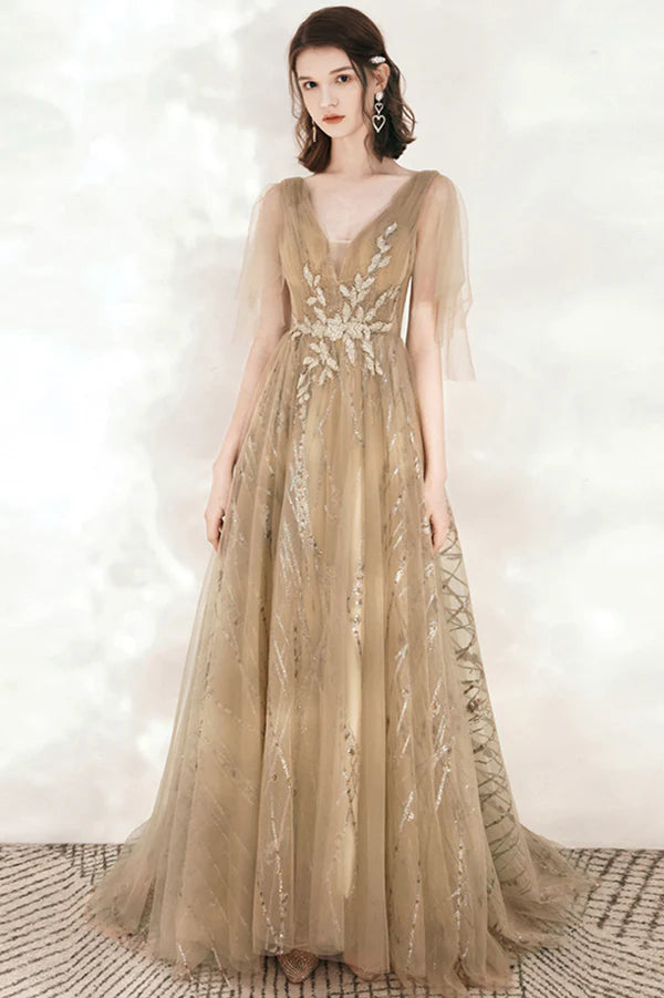Champagne V-Neck Tulle Sequins Long Prom Dress A-Line Party Dress
