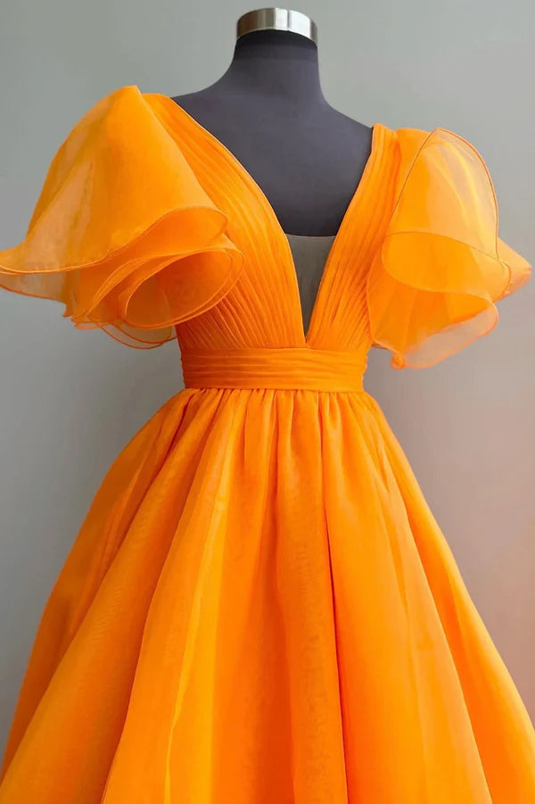 Orange V-Neck Long Prom Dress Beautiful A-Line Short Sleeve Evening Dress