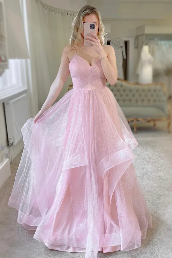 Pink V-Ncek Tulle Long Formal Dress A-Line Evening Party Dress