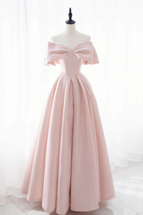 Pink Satin Long Prom Dress Cute Off Shoulder Evening Dress