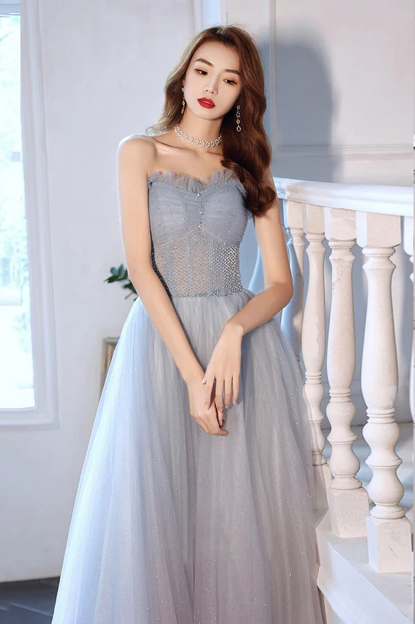 Blue Tulle Long A-Line Prom Dress with Beaded Blue Strapless Evening Dress
