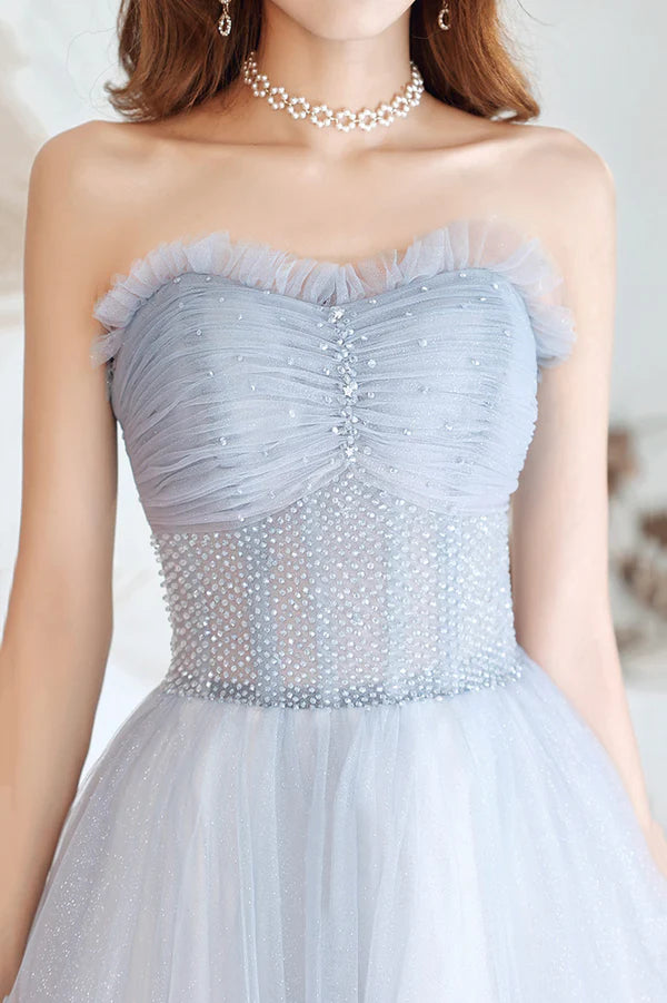 Blue Tulle Long A-Line Prom Dress with Beaded Blue Strapless Evening Dress