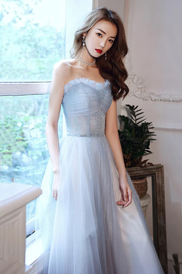 Blue Tulle Long A-Line Prom Dress with Beaded Blue Strapless Evening Dress