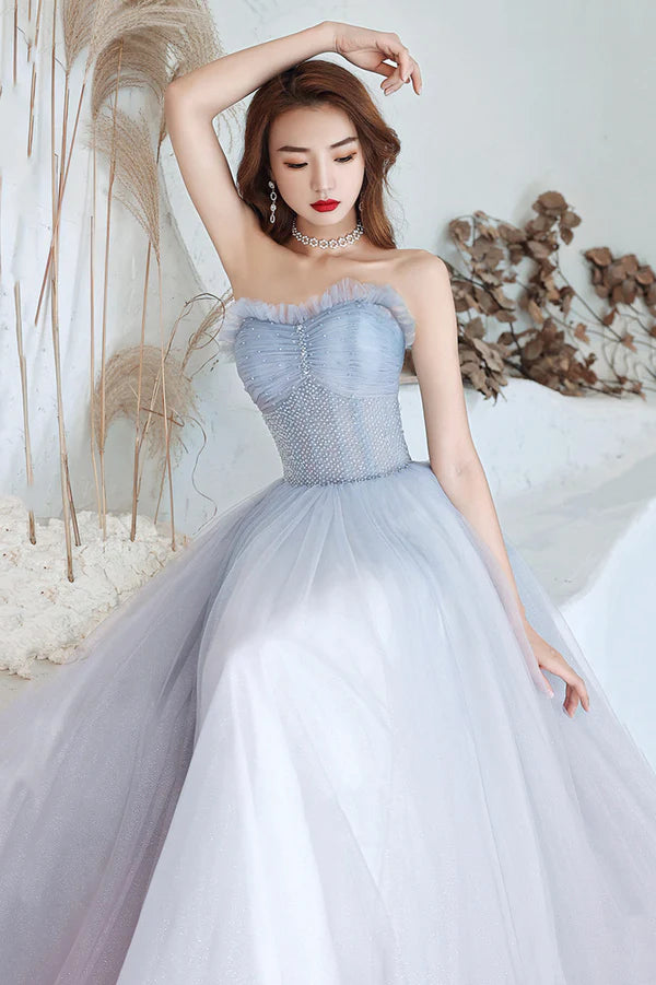 Blue Tulle Long A-Line Prom Dress with Beaded Blue Strapless Evening Dress
