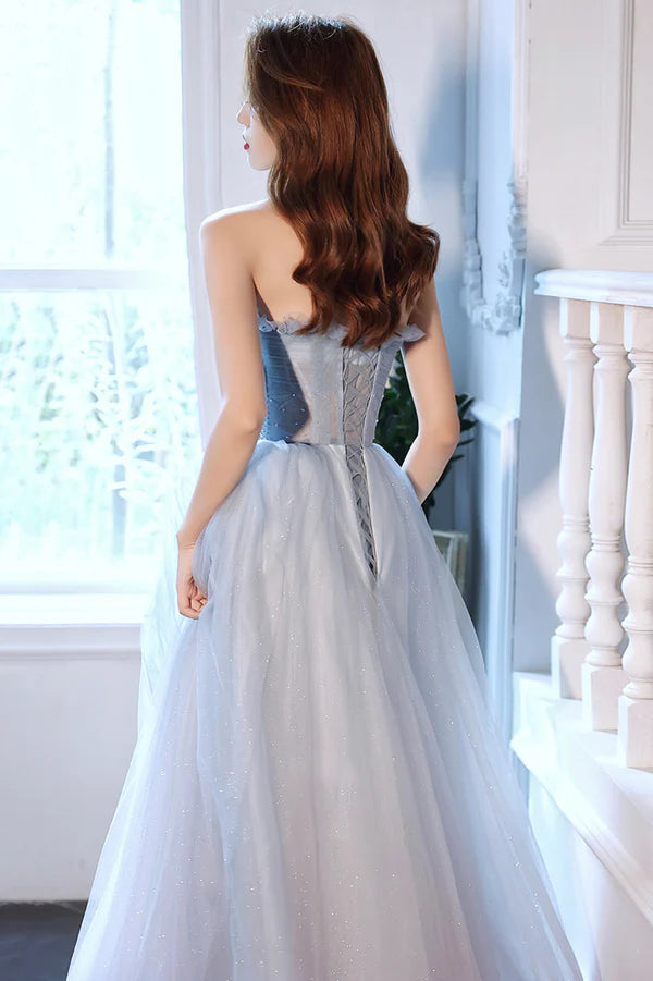 Blue Tulle Long A-Line Prom Dress with Beaded Blue Strapless Evening Dress