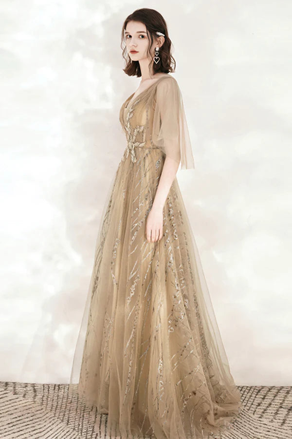 Champagne V-Neck Tulle Sequins Long Prom Dress A-Line Party Dress
