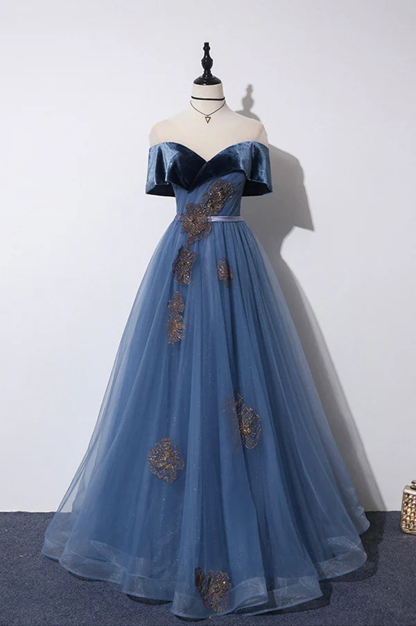 Blue Velvet Tulle Long A-Line Prom Dress Off the Shoulder Evening Dress