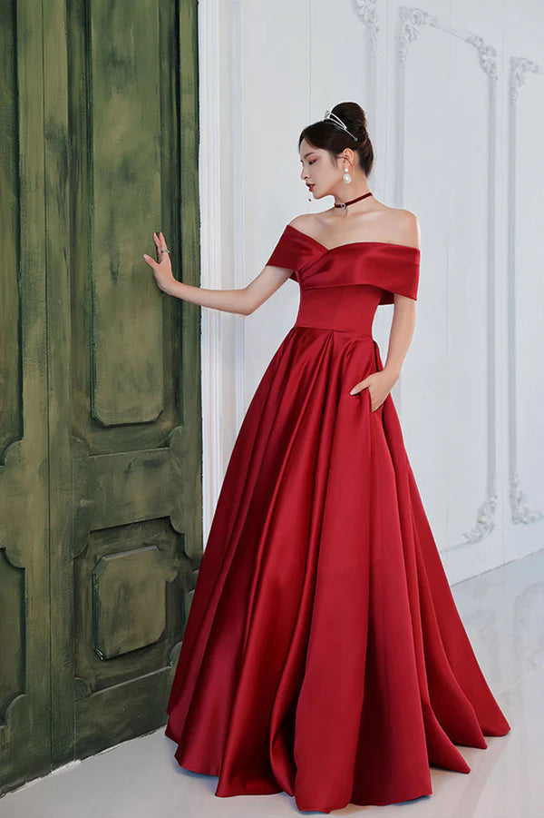 Burgundy Satin Long A-Line Prom Dress Simple V-Neck Evening Dress