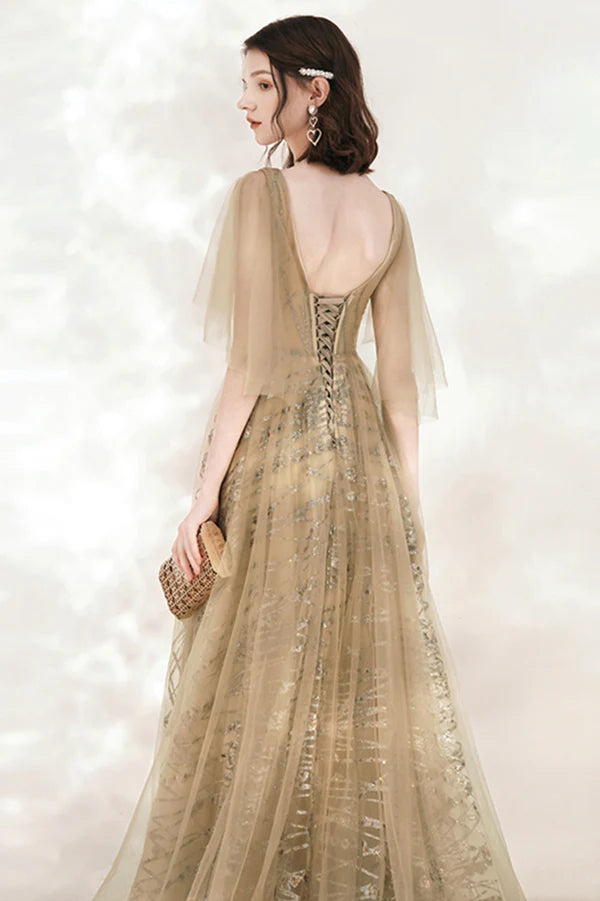 Champagne V-Neck Tulle Sequins Long Prom Dress A-Line Party Dress