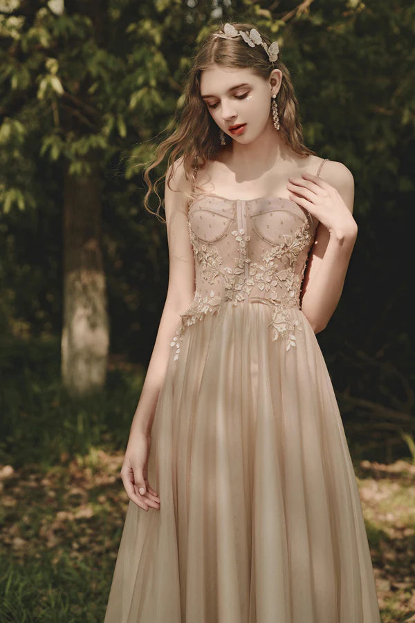 A-Line Tulle Lace Long Evening Dress Cute Spaghetti Strap Prom Dress