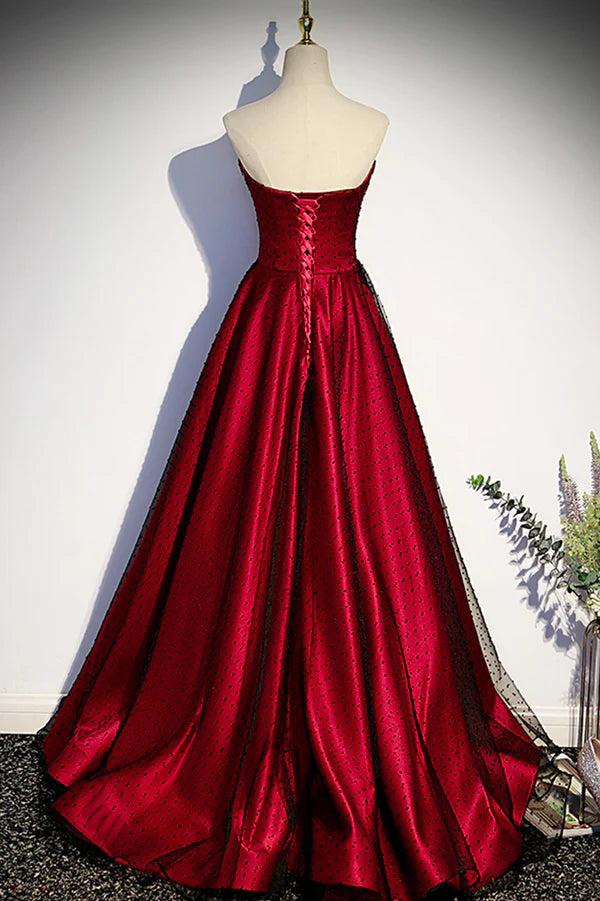 Burgundy Satin Tulle Long Prom Dress Off the Shoulder Formal Evening Dress