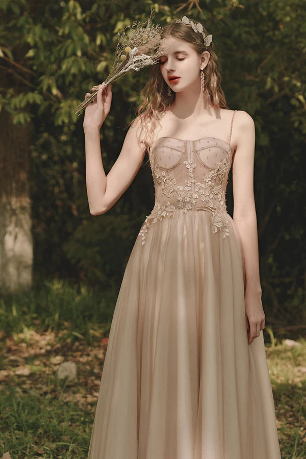 A-Line Tulle Lace Long Evening Dress Cute Spaghetti Strap Prom Dress
