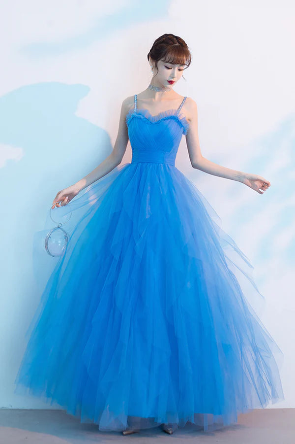 Blue Spaghetti Strap Tulle Long Prom Dress Cute Blue Evening Party Dress