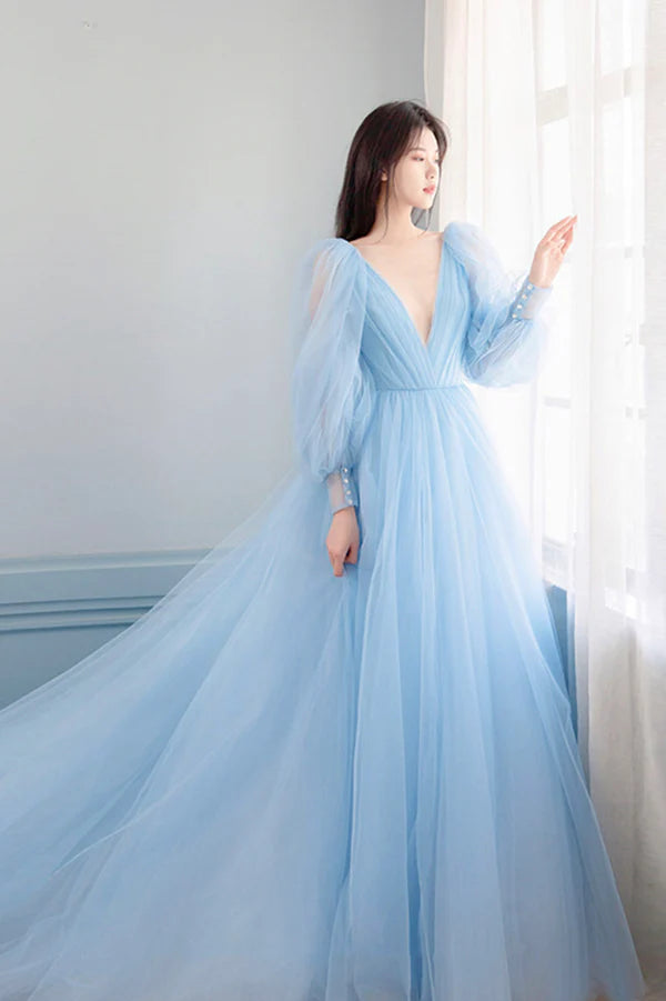 Blue V-Neck Tulle Long Prom Dress Beautiful Puff Sleeve Evening Dress