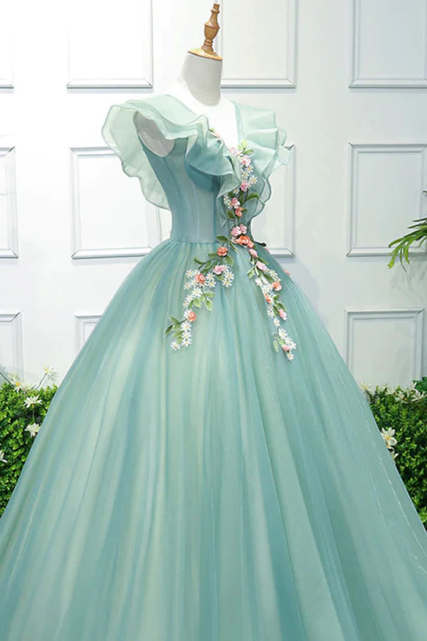 Green V-Neck Tulle Long A-Line Prom Dress A-Line Evening Formal Gown