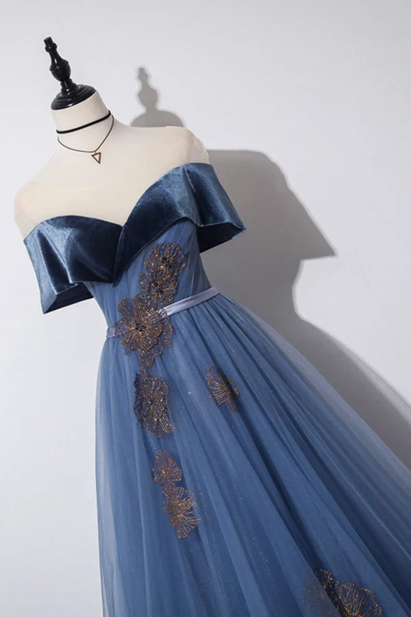 Blue Velvet Tulle Long A-Line Prom Dress Off the Shoulder Evening Dress