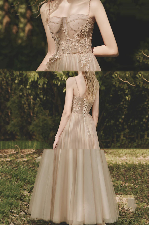 A-Line Tulle Lace Long Evening Dress Cute Spaghetti Strap Prom Dress