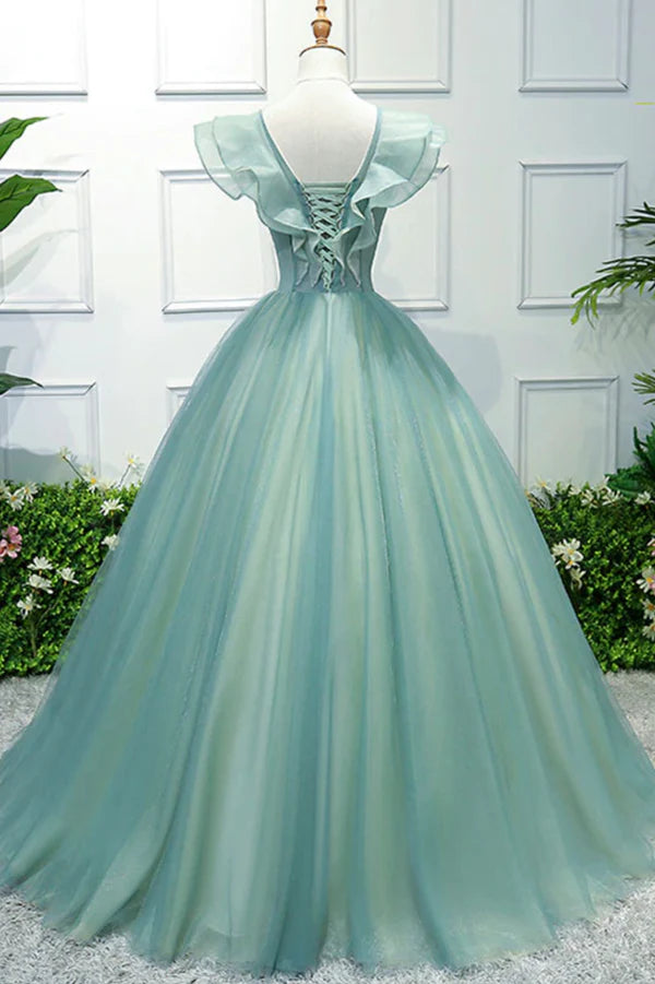 Green V-Neck Tulle Long A-Line Prom Dress A-Line Evening Formal Gown