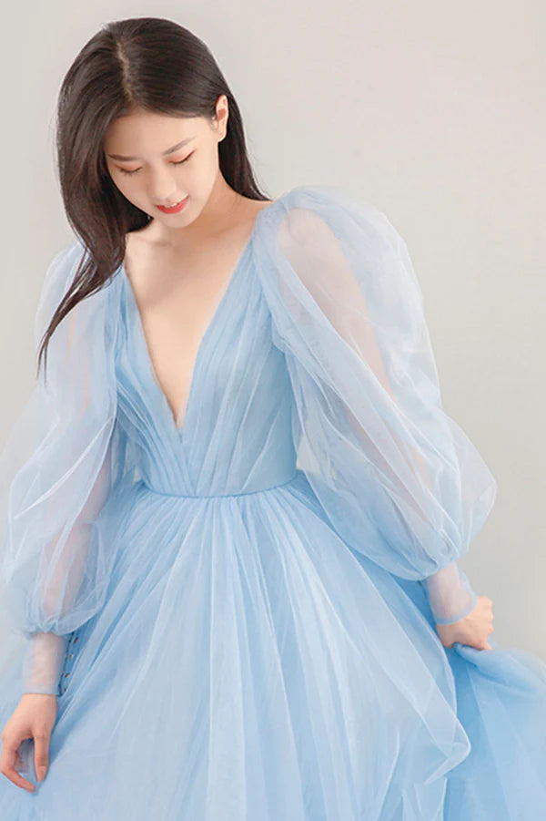 Blue V-Neck Tulle Long Prom Dress Beautiful Puff Sleeve Evening Dress