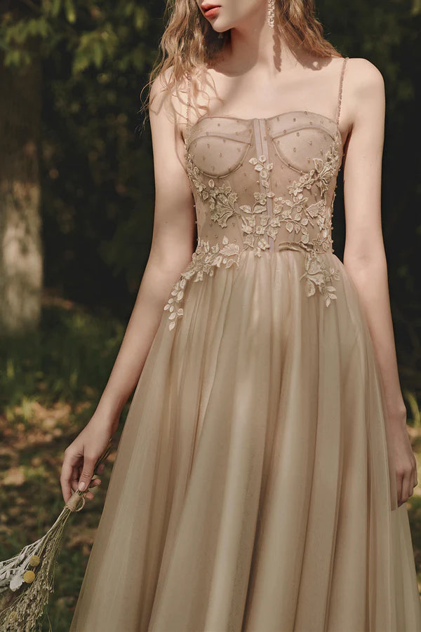 A-Line Tulle Lace Long Evening Dress Cute Spaghetti Strap Prom Dress