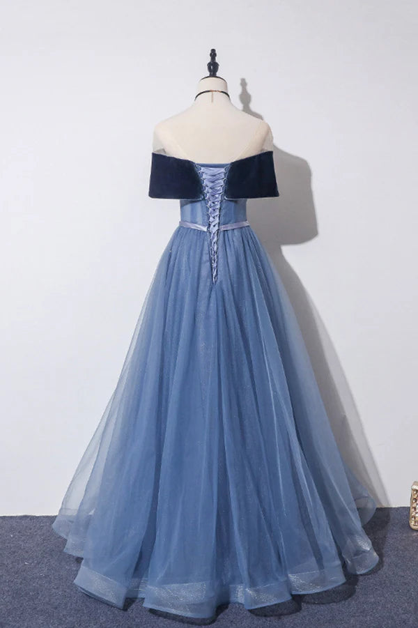 Blue Velvet Tulle Long A-Line Prom Dress Off the Shoulder Evening Dress