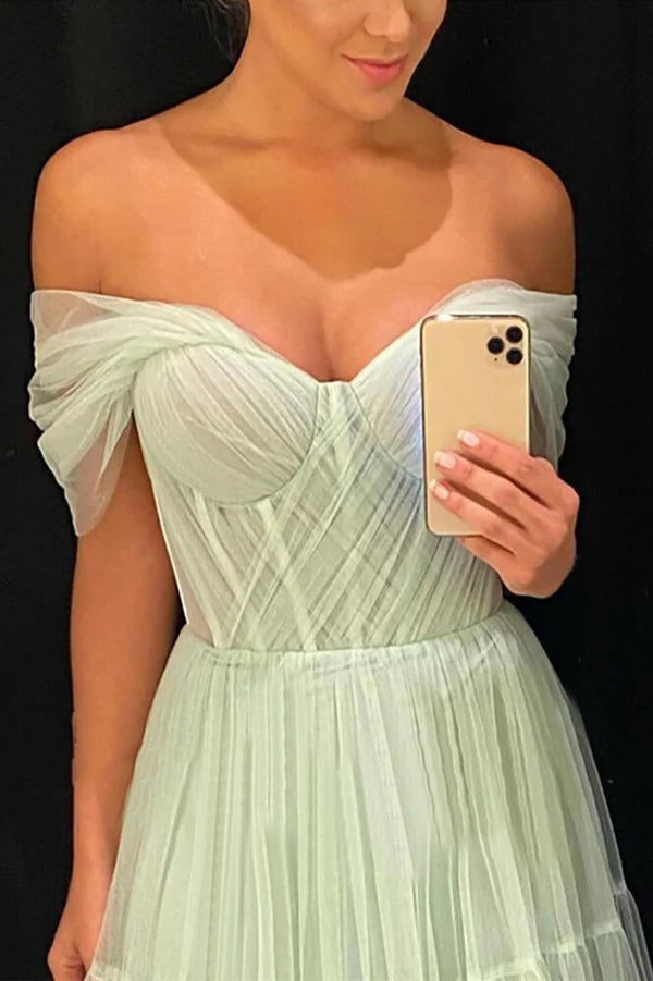 Green Tulle Long A-Line Prom Dress Off the Shoulder Evening Party Dress