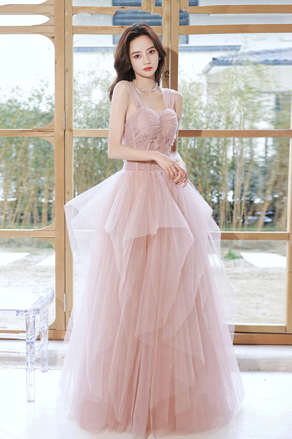 Pink Tulle Layers Floor Length Prom Dress Cute Strapless Evening Party Dress