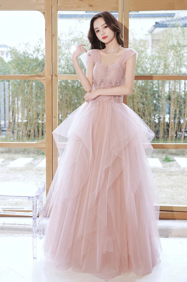 Pink Tulle Layers Floor Length Prom Dress Cute Strapless Evening Party Dress
