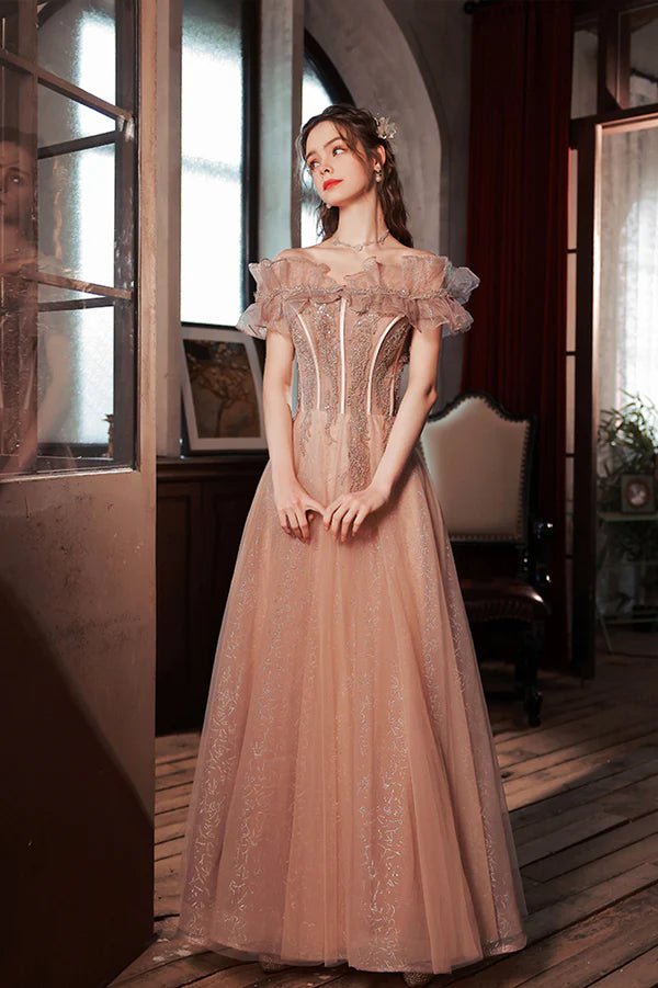 Pink Tulle Long A-Line Prom Dress with Sequins Off the Shoulder Evening Party Dress