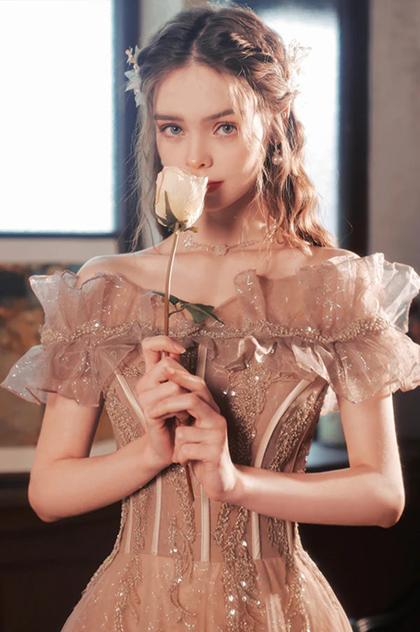 Pink Tulle Long A-Line Prom Dress with Sequins Off the Shoulder Evening Party Dress