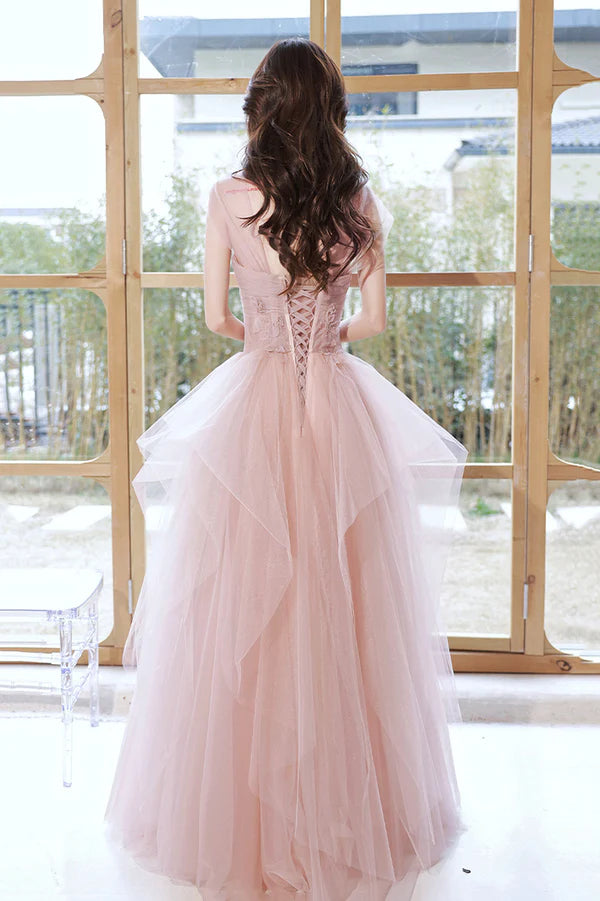 Pink Tulle Layers Floor Length Prom Dress Cute Strapless Evening Party Dress