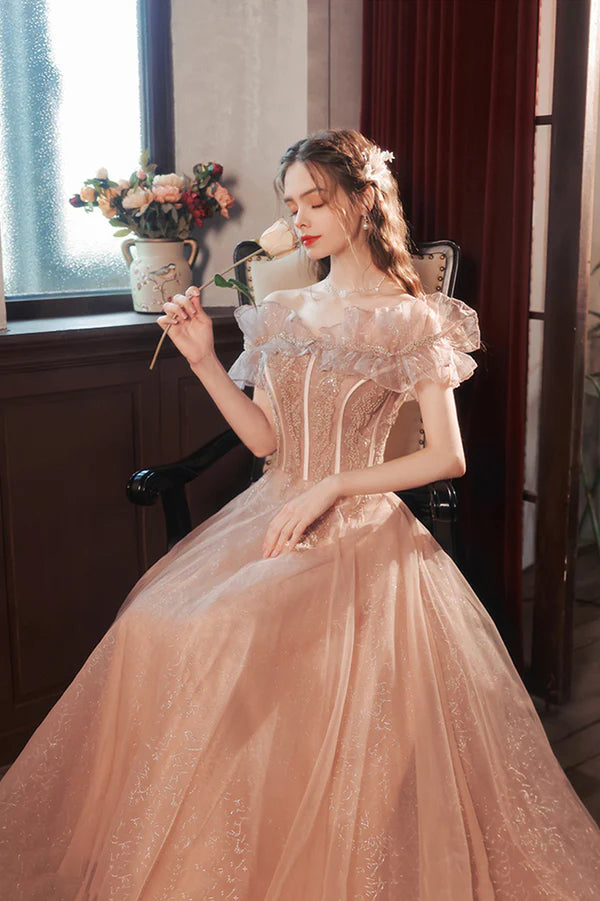 Pink Tulle Long A-Line Prom Dress with Sequins Off the Shoulder Evening Party Dress