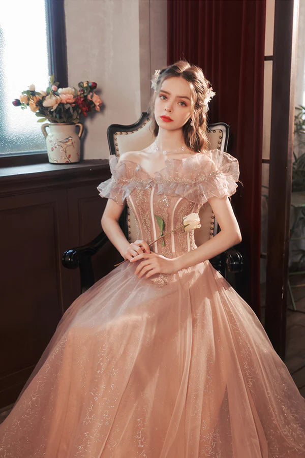 Pink Tulle Long A-Line Prom Dress with Sequins Off the Shoulder Evening Party Dress