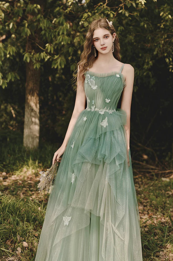 Green Tulle Long A-Line Prom Dress with Lace Beautiful Spaghetti Strap Graduation Dress