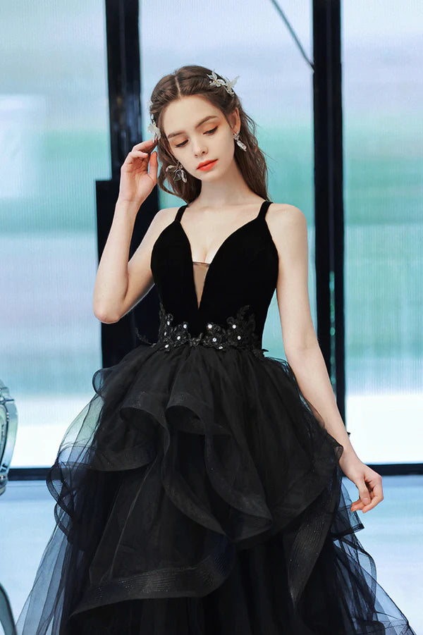 Black V-Neck Tulle Long Prom Dress Black Graduation Dress with Lace