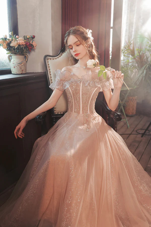 Pink Tulle Long A-Line Prom Dress with Sequins Off the Shoulder Evening Party Dress