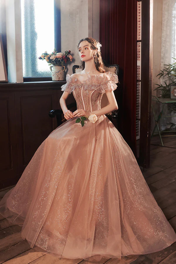 Pink Tulle Long A-Line Prom Dress with Sequins Off the Shoulder Evening Party Dress