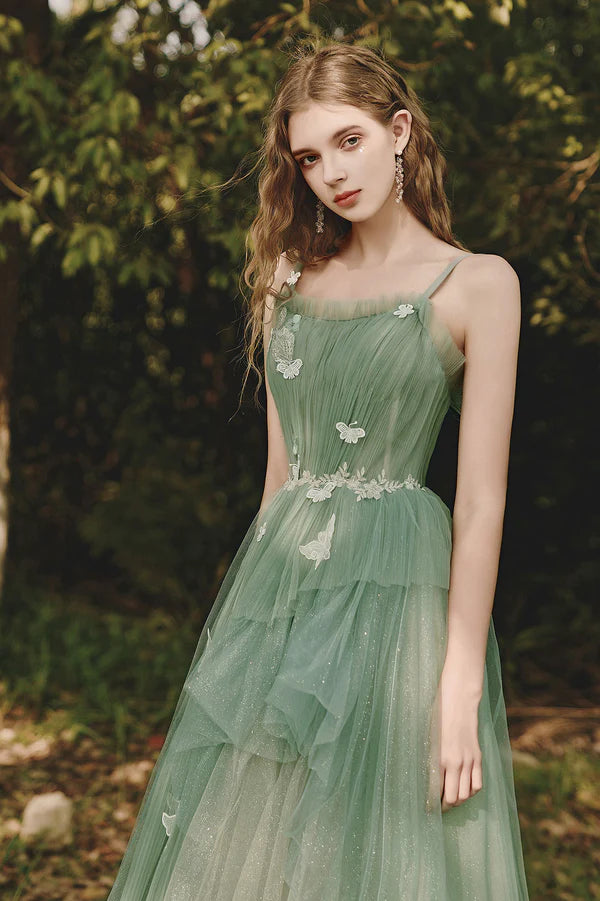 Green Tulle Long A-Line Prom Dress with Lace Beautiful Spaghetti Strap Graduation Dress