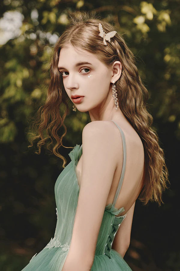 Green Tulle Long A-Line Prom Dress with Lace Beautiful Spaghetti Strap Graduation Dress