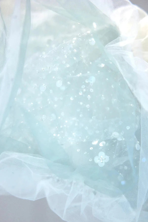 Blue Tulle Long A-Line Prom Dress with Sequins Lovely Puff Sleeve Evening Gown