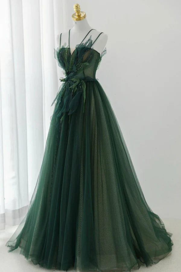 Green Tulle Long A-Line Prom Dress Beautiful Spaghetti Straps Evening Dress