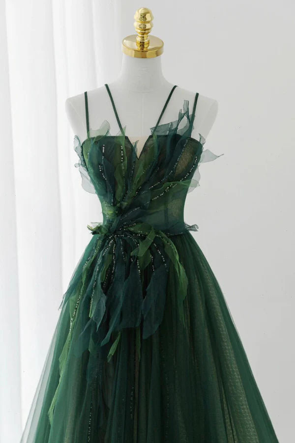 Green Tulle Long A-Line Prom Dress Beautiful Spaghetti Straps Evening Dress