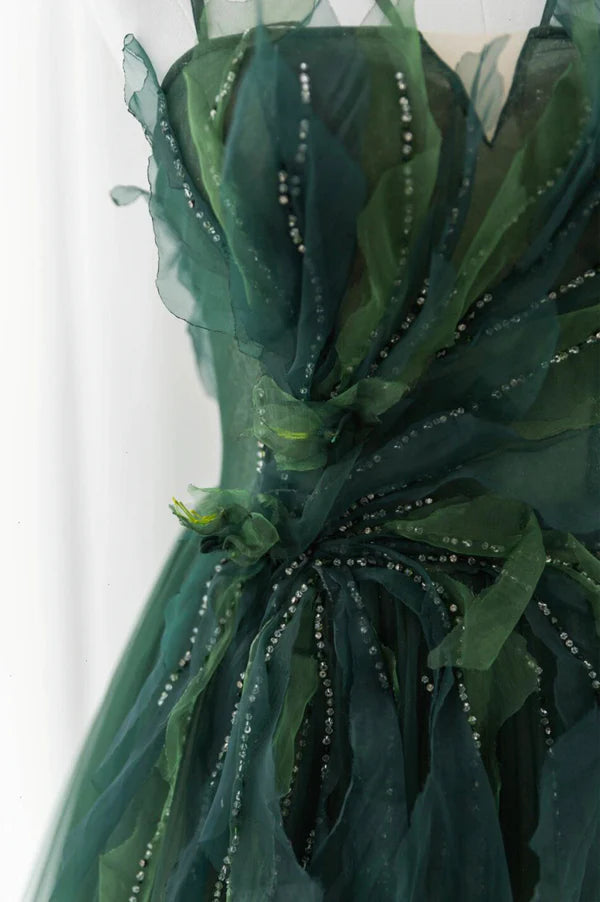 Green Tulle Long A-Line Prom Dress Beautiful Spaghetti Straps Evening Dress