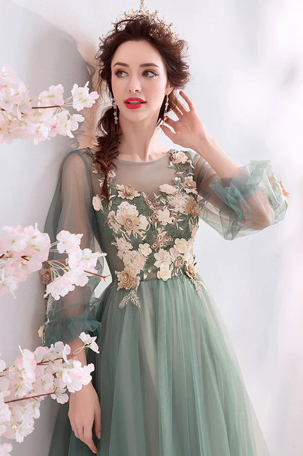 Green Scoop Neckline Lace Evening Dress A-Line Long Sleeve Prom Dress