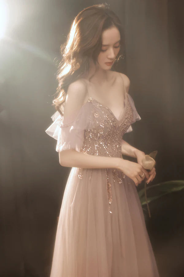 A-Line Tulle Long Prom Dress with Beaded V-Neck Spaghetti Straps Evening Dress