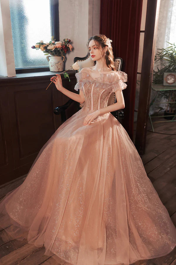 Pink Tulle Long A-Line Prom Dress with Sequins Off the Shoulder Evening Party Dress