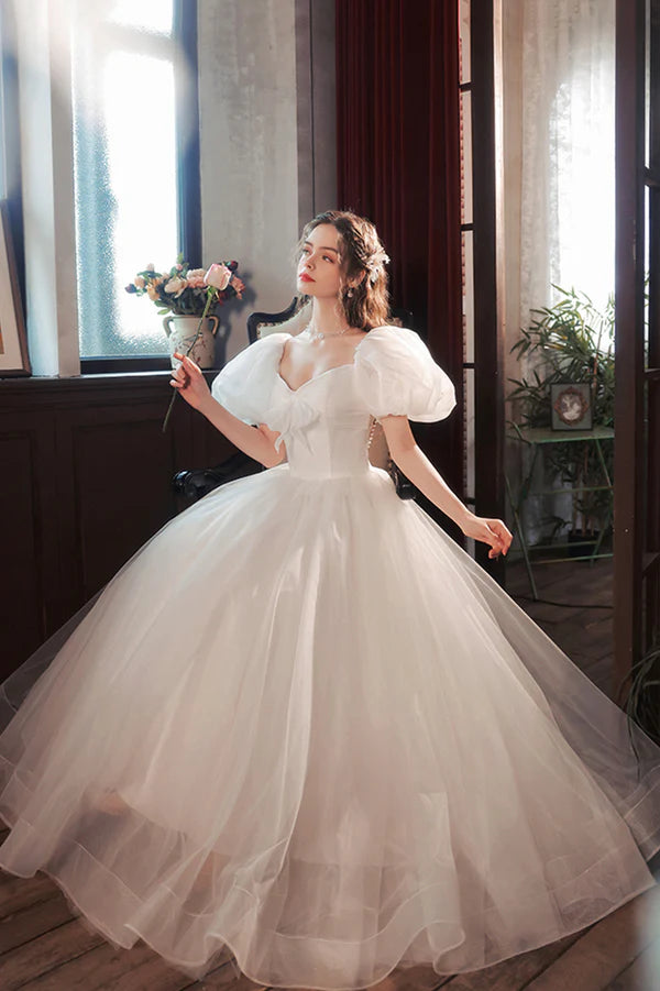 White Tulle Long Prom Dress Lovely A-Line Puff Sleeve Evening Dress
