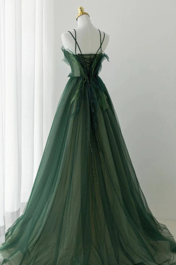 Green Tulle Long A-Line Prom Dress Beautiful Spaghetti Straps Evening Dress