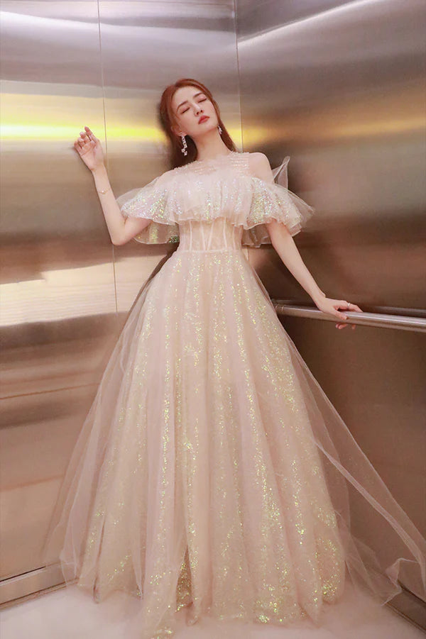 Cute Tulle Long Prom Dress Shiny A-Line Evening Graduation Dress